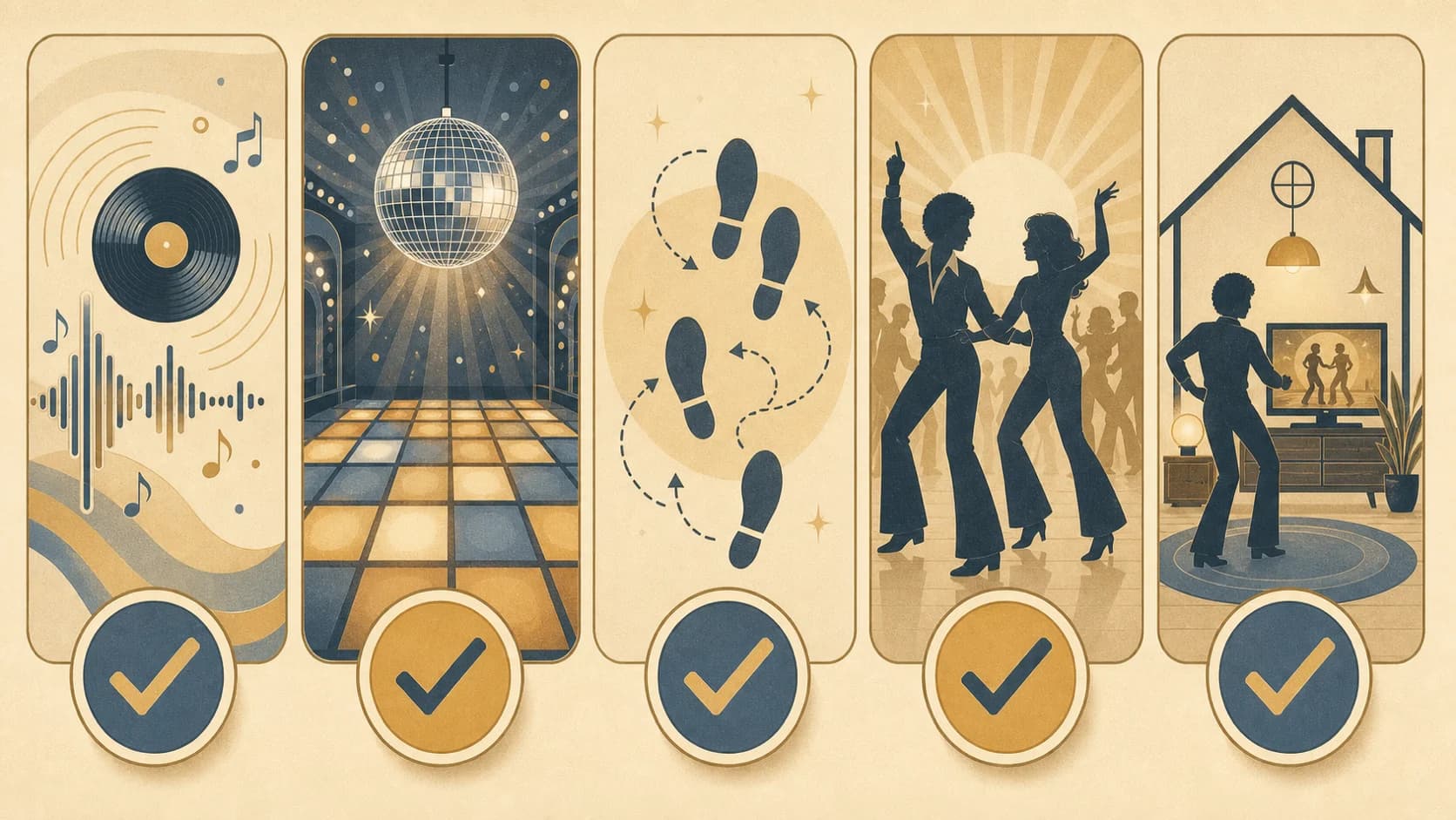 70年代ディスコダンスのレッスンを選ぶ前に確認したい、音楽・場・ステップ・社交感・復習しやすさの5つのチェック軸を並べたサマリー図