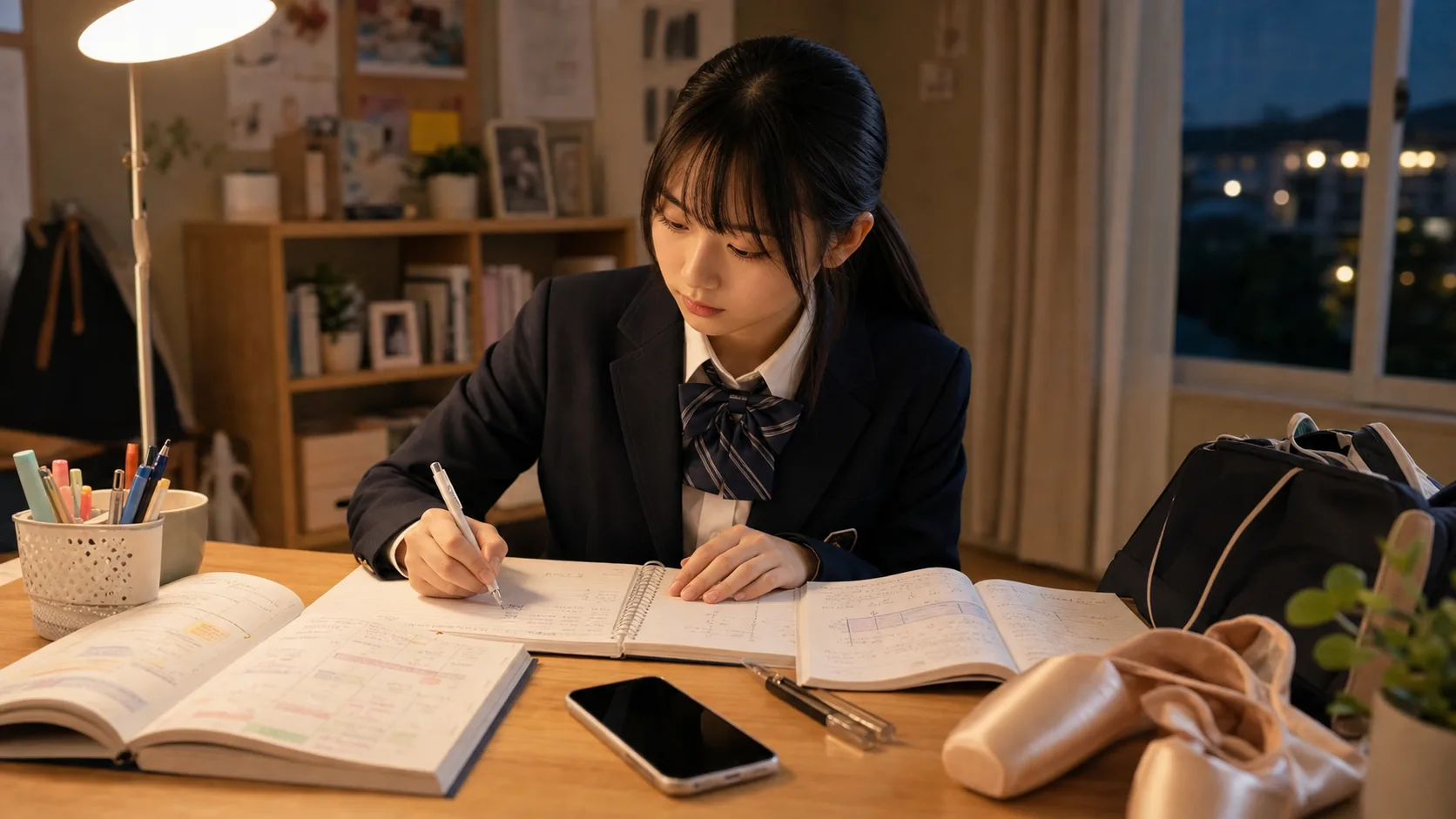 高校生がノートに学校と家族の予定とダンスのスケジュールを並べて書き出している様子
