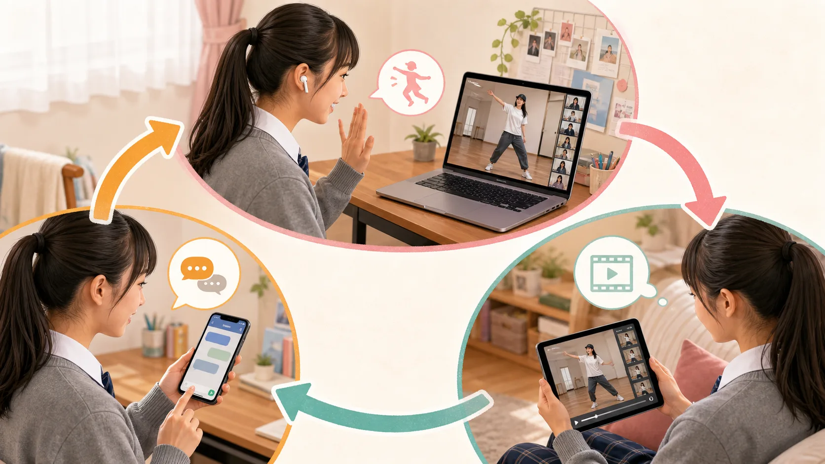 自宅でライブレッスンに参加し、アーカイブで復習し、公式LINEで質問する流れを示したイメージ