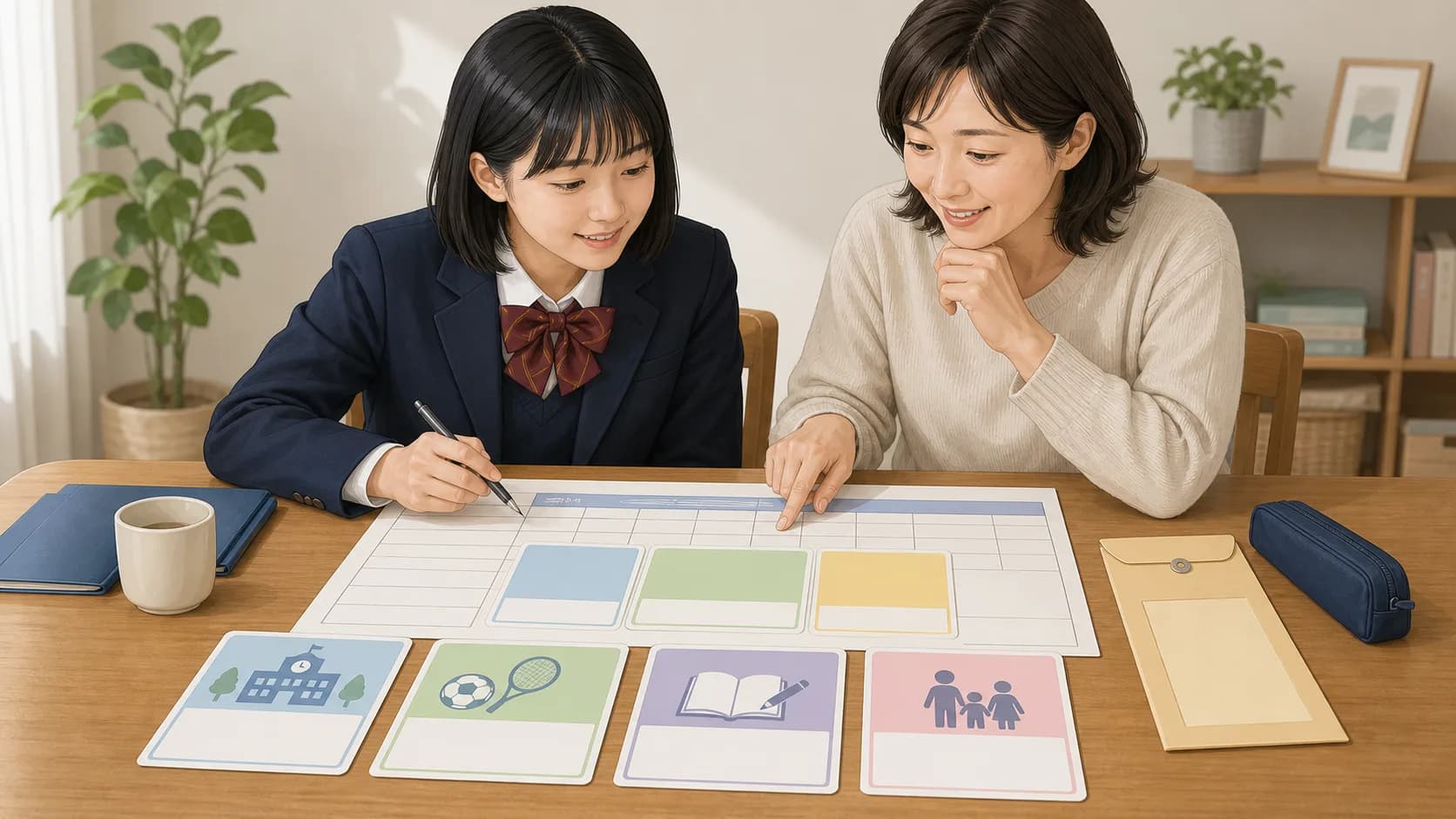 学校行事、部活、塾、家族の予定、ダンスの費用条件を同じテーブルに並べた図