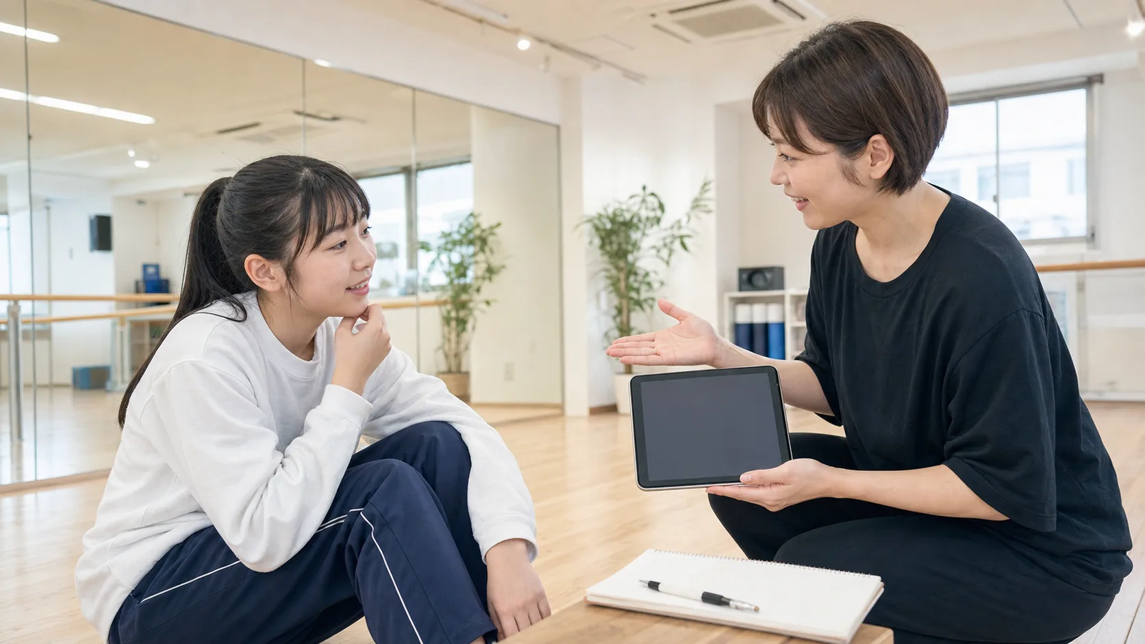 体験レッスンで先生に質問しながらレベルや復習方法を確かめる高校生の様子