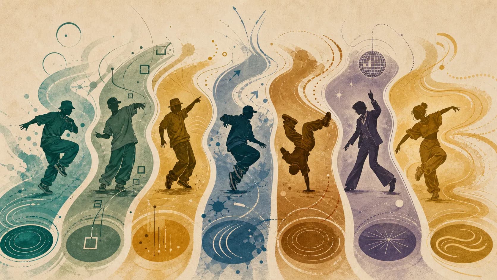 House dance、Popping、Locking、ヒップホップ、Breaking、ディスコ、Free Chacha文化を別々のレーンとして横並びに描いた図。