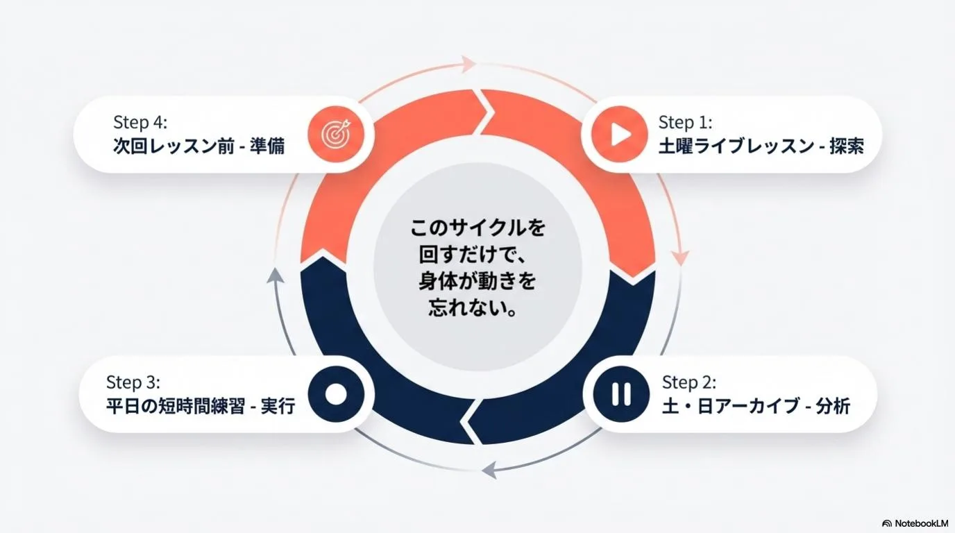 ライブレッスンとアーカイブ動画の上達サイクル図