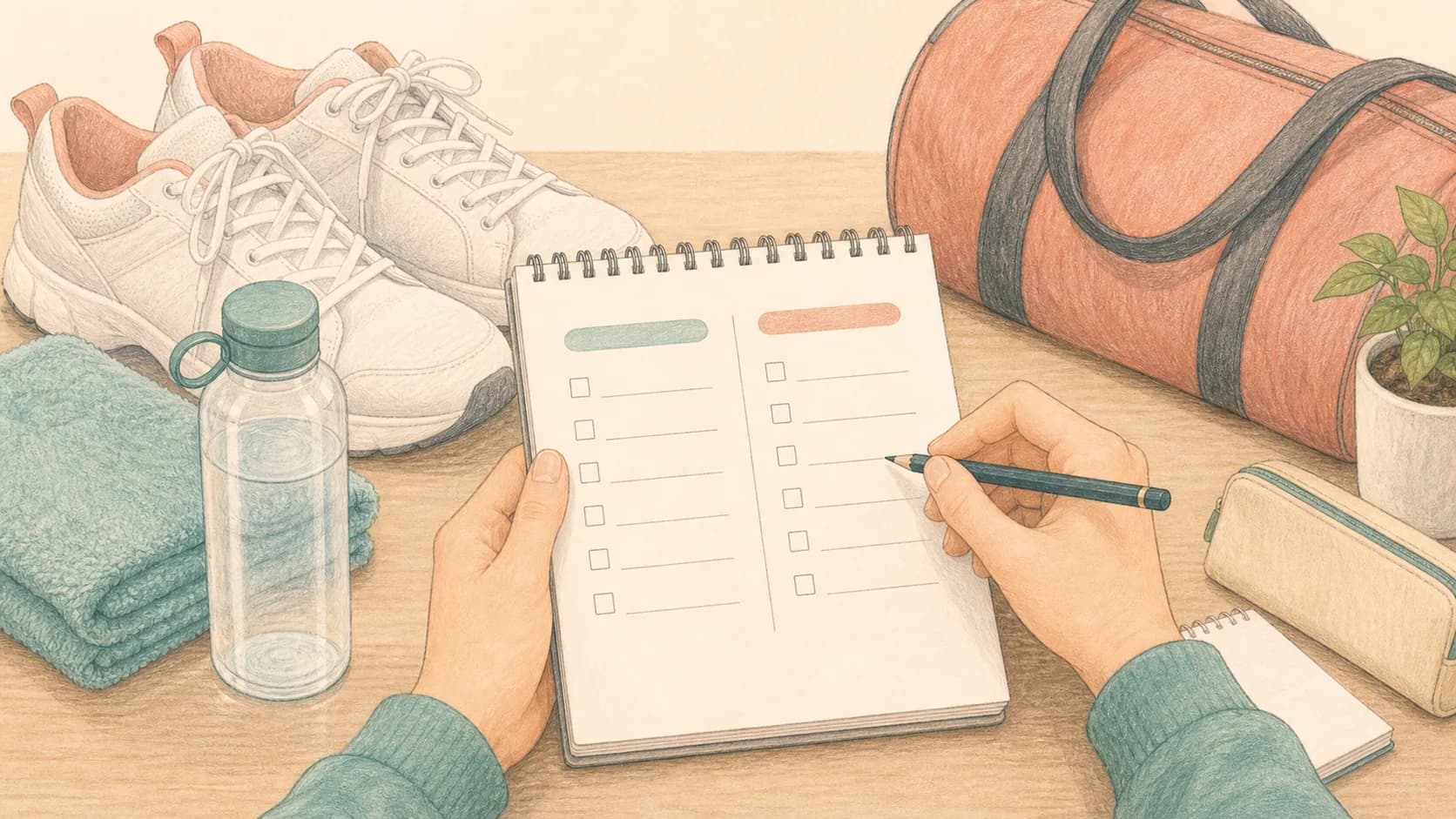 体験レッスンに向かう前に持ち物と質問項目をチェックしている手元のイラスト