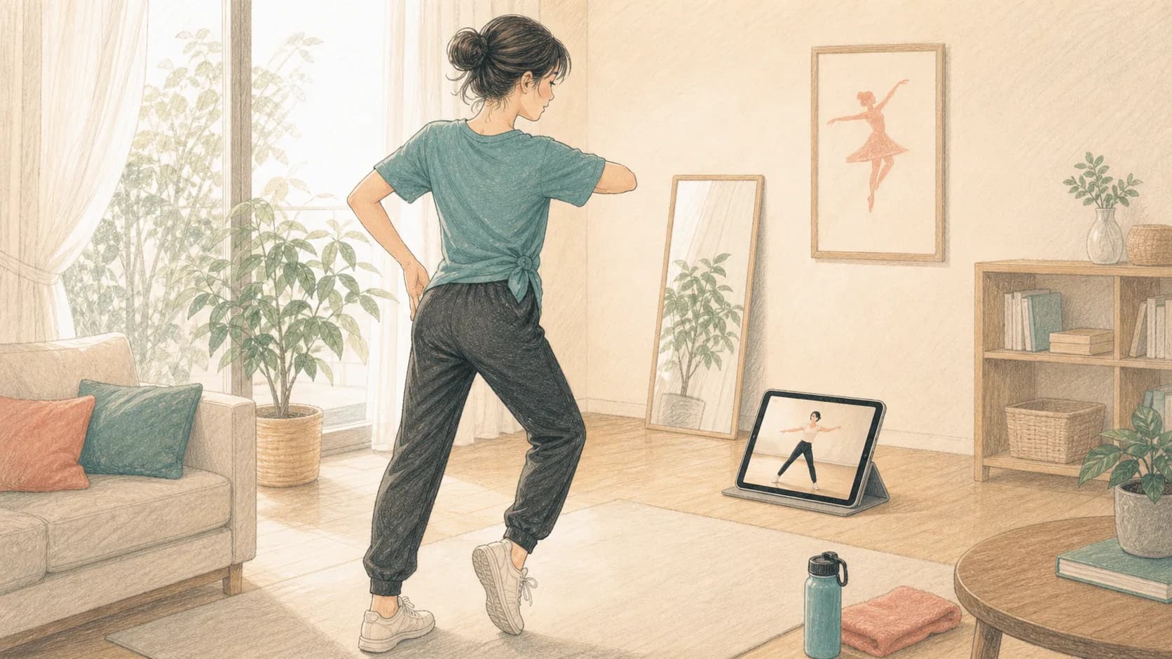 自宅でタブレットを使ってレッスン動画を見ながら復習している大人の様子のイラスト