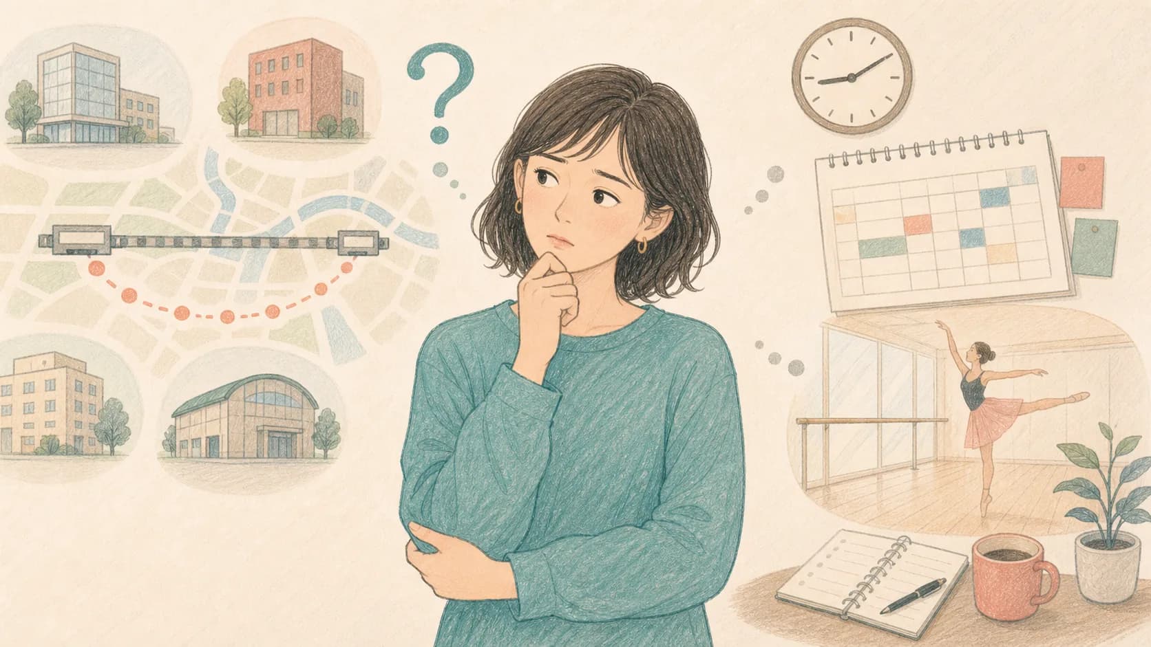 駅徒歩だけで決めようとして悩んでいる人物と、生活時間帯のメモが並んだイラスト