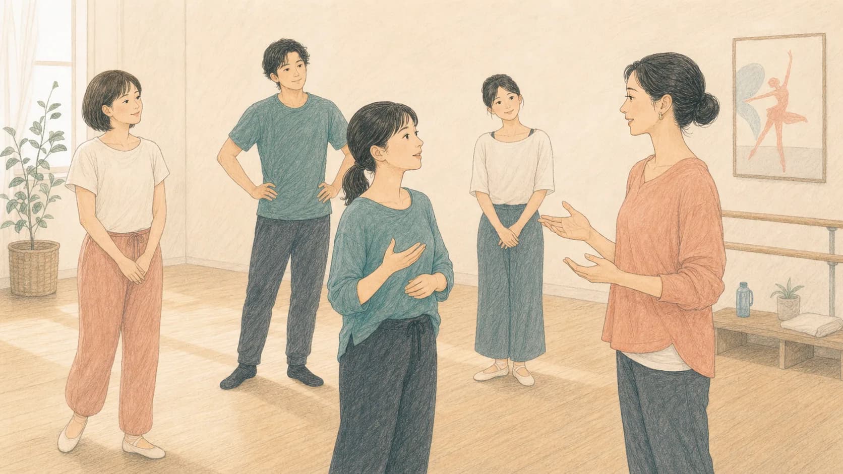 初心者クラスで質問しやすい雰囲気のレッスン風景を落ち着いた色味で描いたイラスト