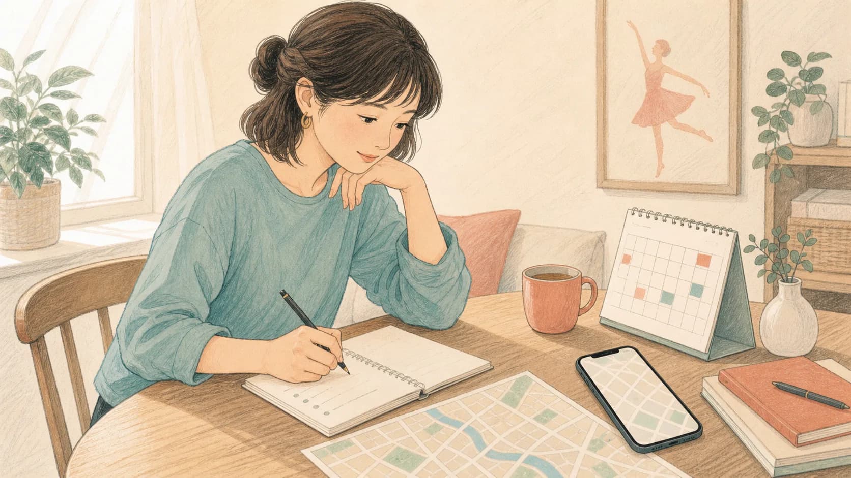 大人の初心者が地図アプリを開く前にメモを書きながら考えている様子のイラスト