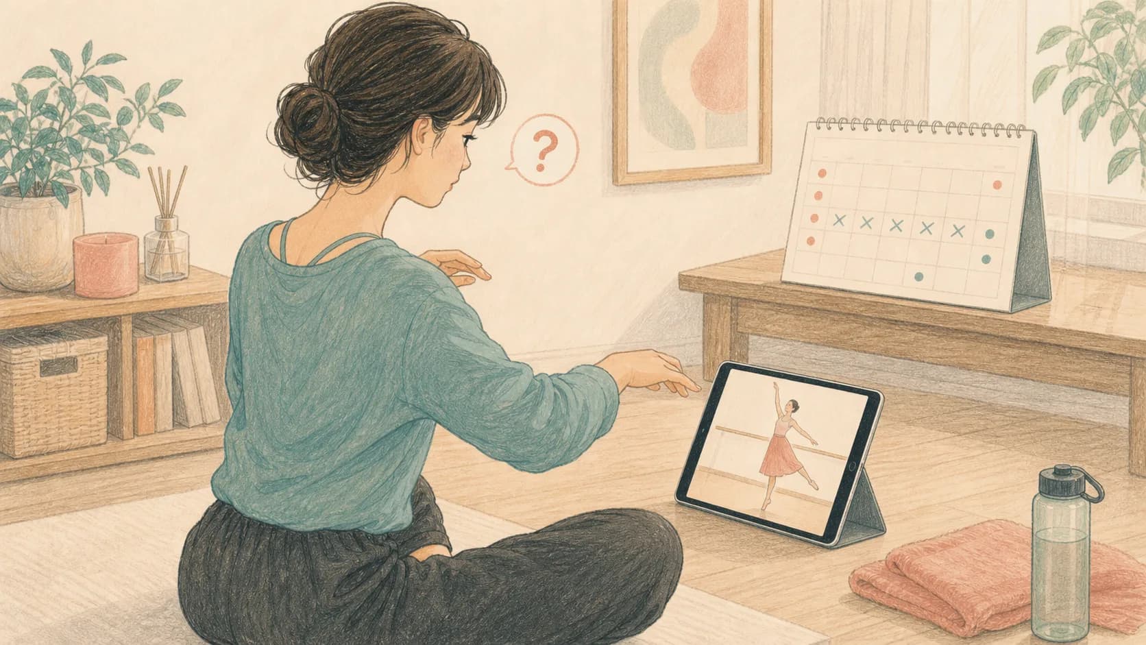 休んだ週の翌週にもう一度練習動画を見返しているところを表現したイラスト