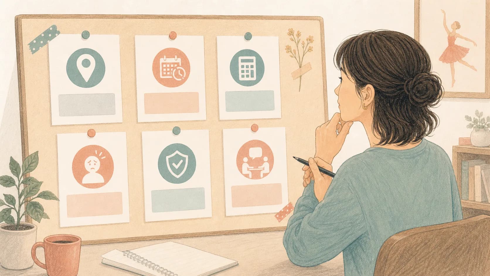 近くのダンススクールを選ぶ際の判断軸を整理した要点ボードのイラスト
