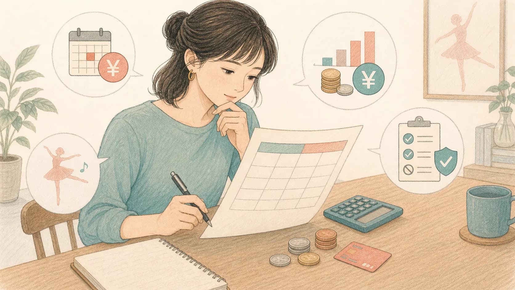 月謝の数字と、入会金や解約条件を含めた総額の比較表を見比べているイラスト
