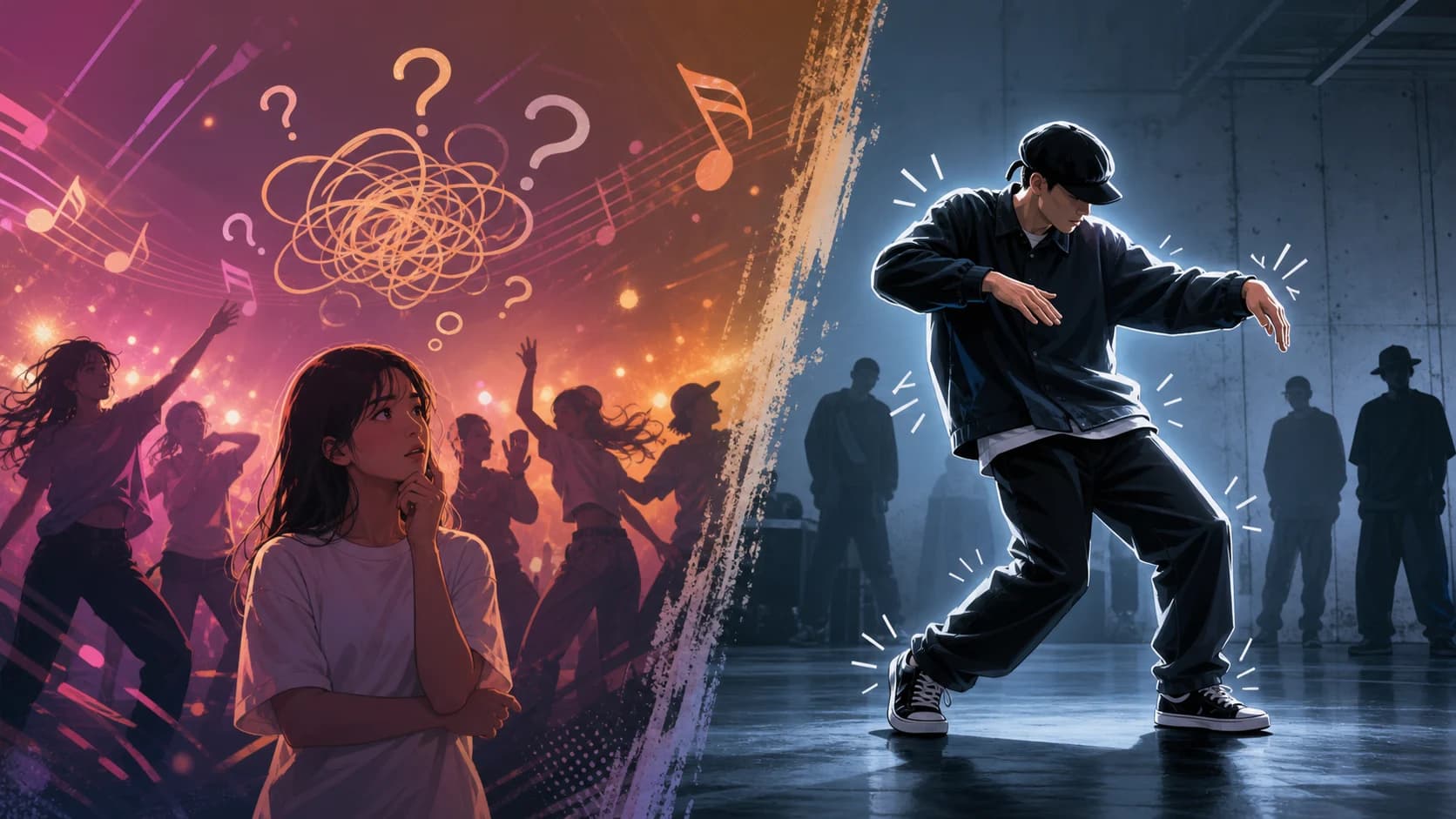 ポップ音楽の踊りという誤解と、Poppingというダンススタイルとしての理解を左右で対比したイラスト。