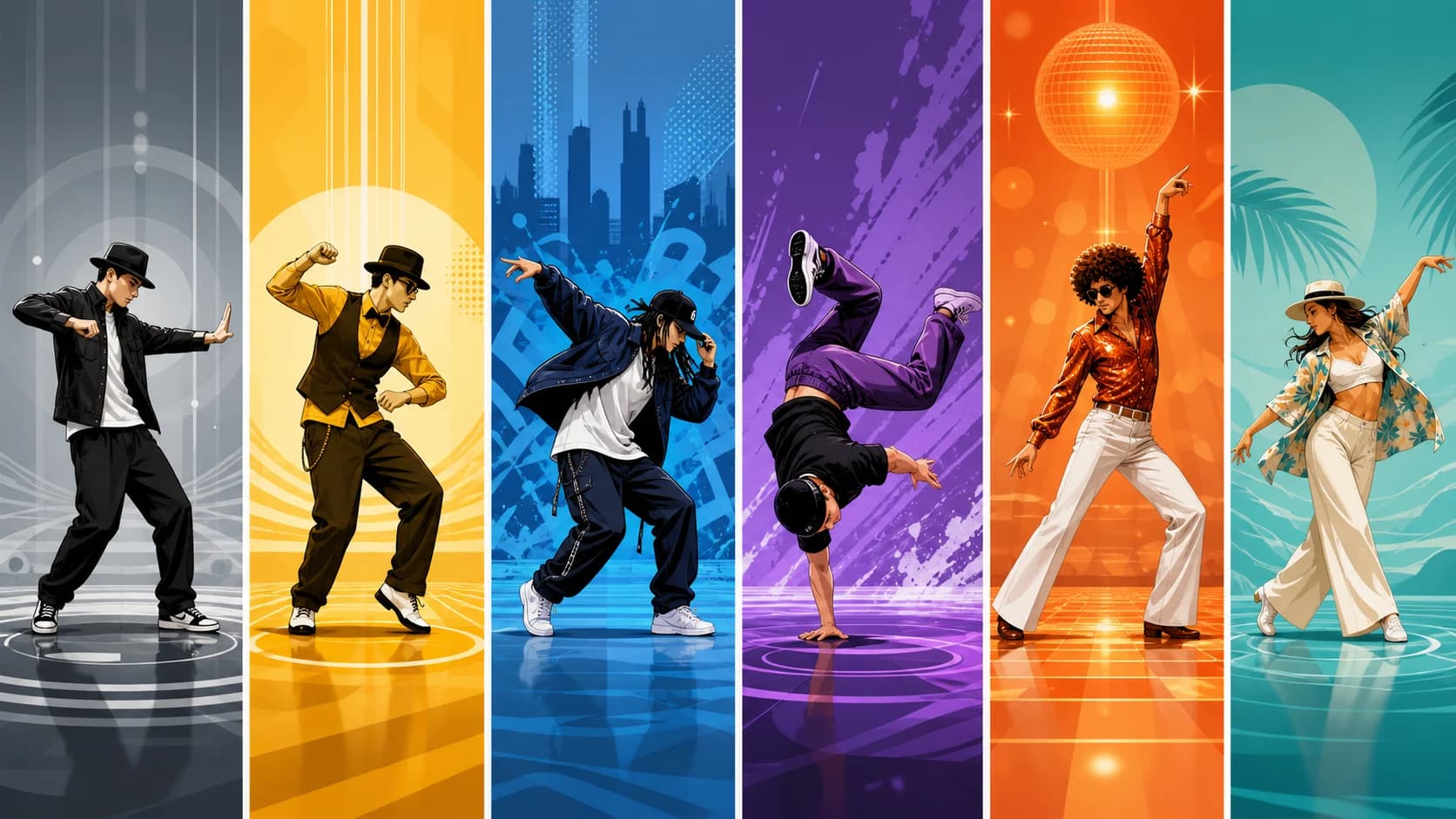 Popping、Locking、ヒップホップ、Breaking、ディスコ、Free Chacha文化を別々のレーンとして横並びに描いた図。