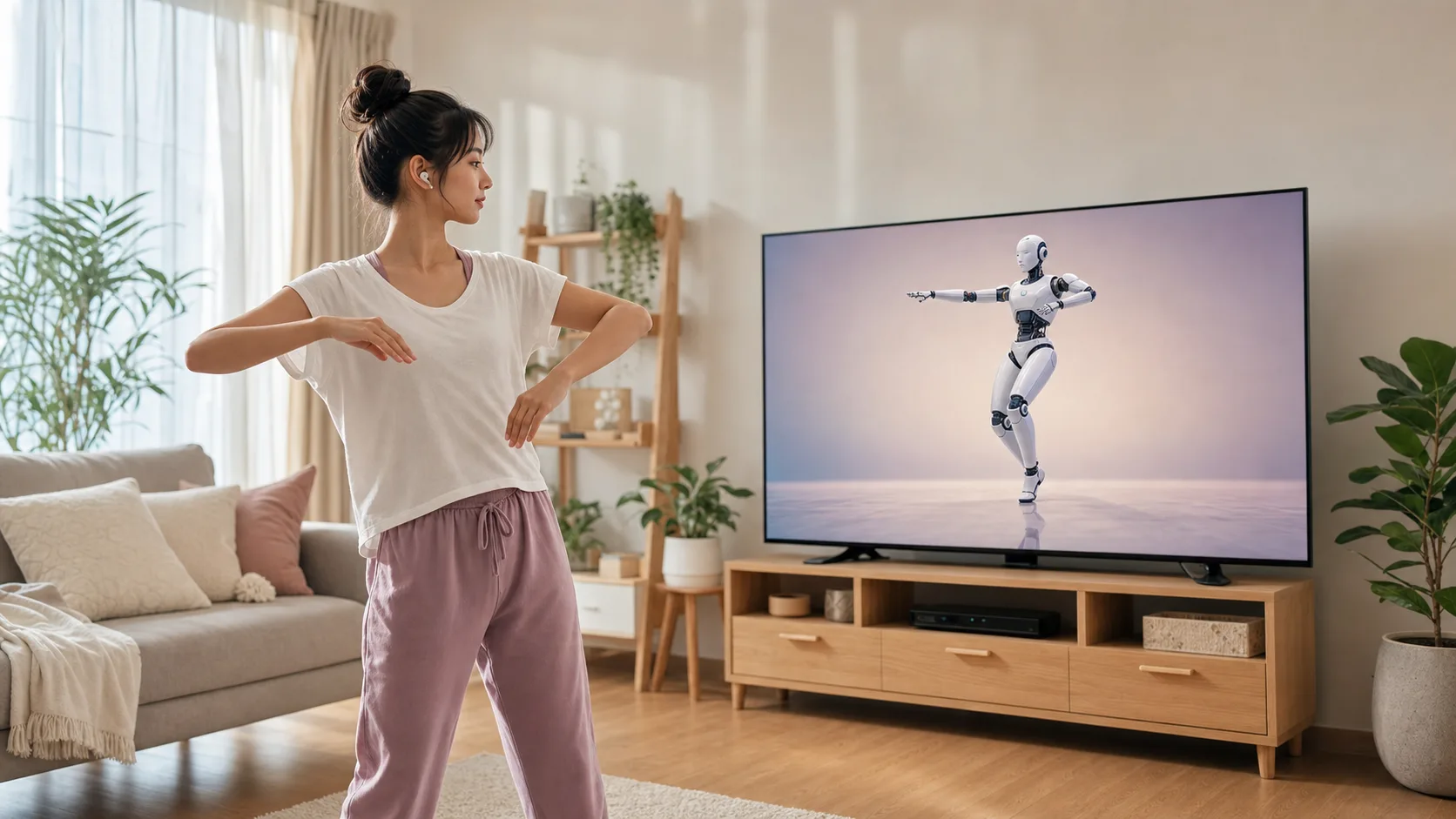 ロボットダンスを観察する初心者をイメージした、自宅で音楽を聴きながら姿勢を整える人物のイラスト
