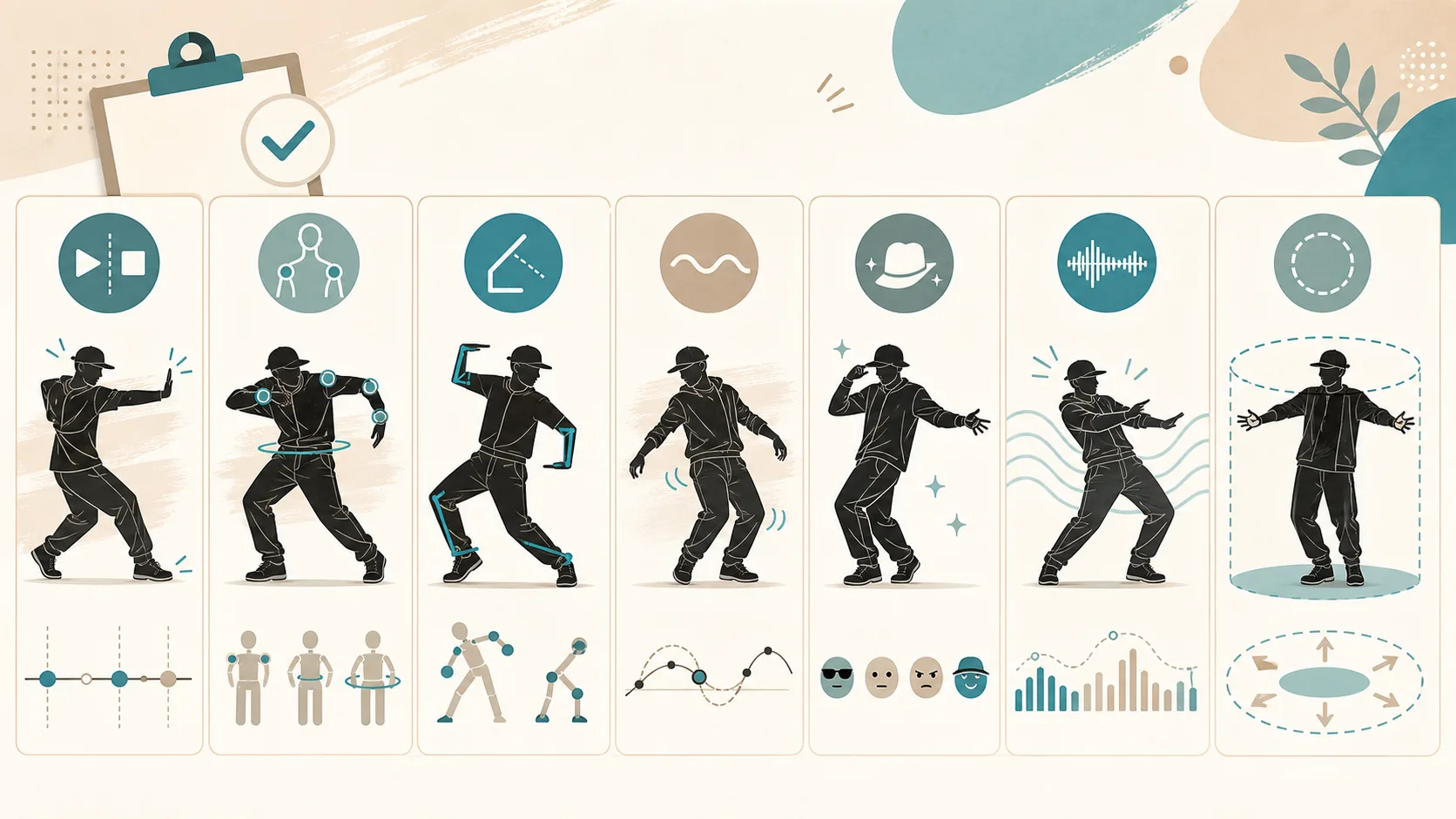 start-stop timing、isolation、angles、groove、character、music response、safe range の 7 つの観察軸を並べたチェックリスト風の図