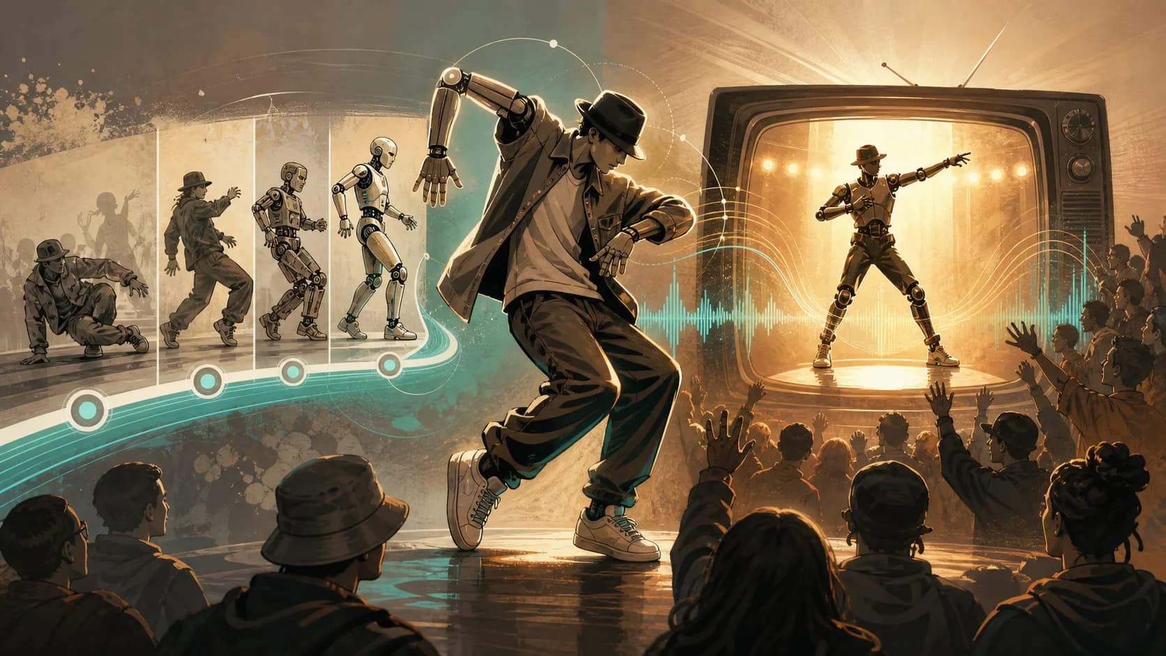 機械のような見え方を身体で表す street dance としてのロボットダンスの輪郭と、Dancing Machine が mainstream の認知の入口だったことを示す概念図