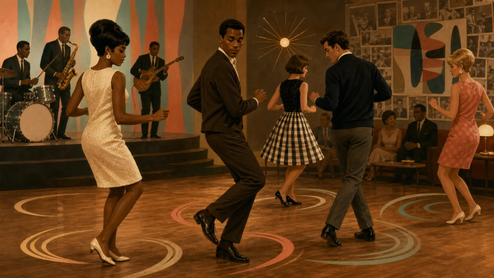 両足を肩幅に開き母指球に体重を置いてツイストを踊る1960年代の社交ダンスの様子